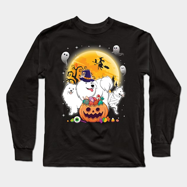 American Eskimo Dog Mummy Witch Moon Ghosts Happy Halloween Thanksgiving Merry Christmas Day Long Sleeve T-Shirt by joandraelliot